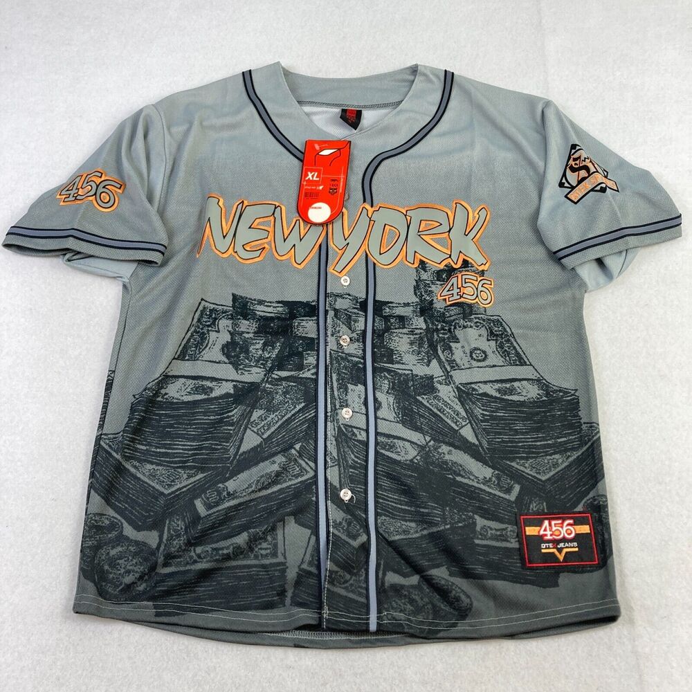 Vintage TAIGA DTEK Jeans New York 456 Jersey Shirt Mens XL Gray Gambling Y2K NWT